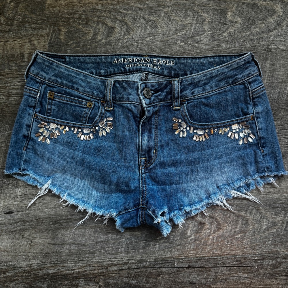 American Eagle Embellished Denim Mini Summer Shorts 4 Low Rise Rhinestones Blue
